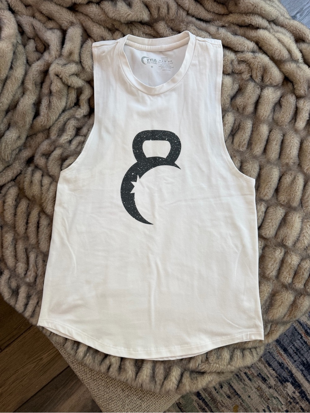 ZYIA White Muscle Tank with Black Kettlebell Graphic